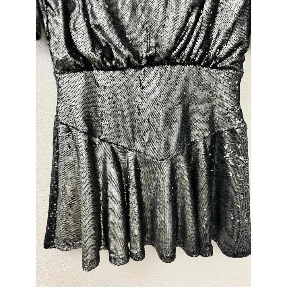 Free People Sequin Mini Dress Size Medium Silver Black Batwing Flawed AS-IS